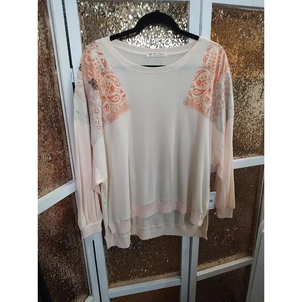 We the Free Feelin It Tee in Peach Floral Embroidered Size Small Oversized